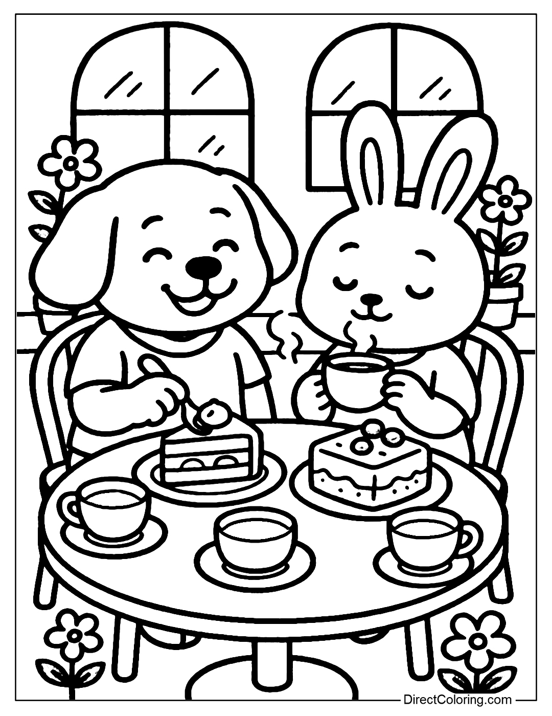 Dog and Rabbit Enjoying Cake Coloring Page